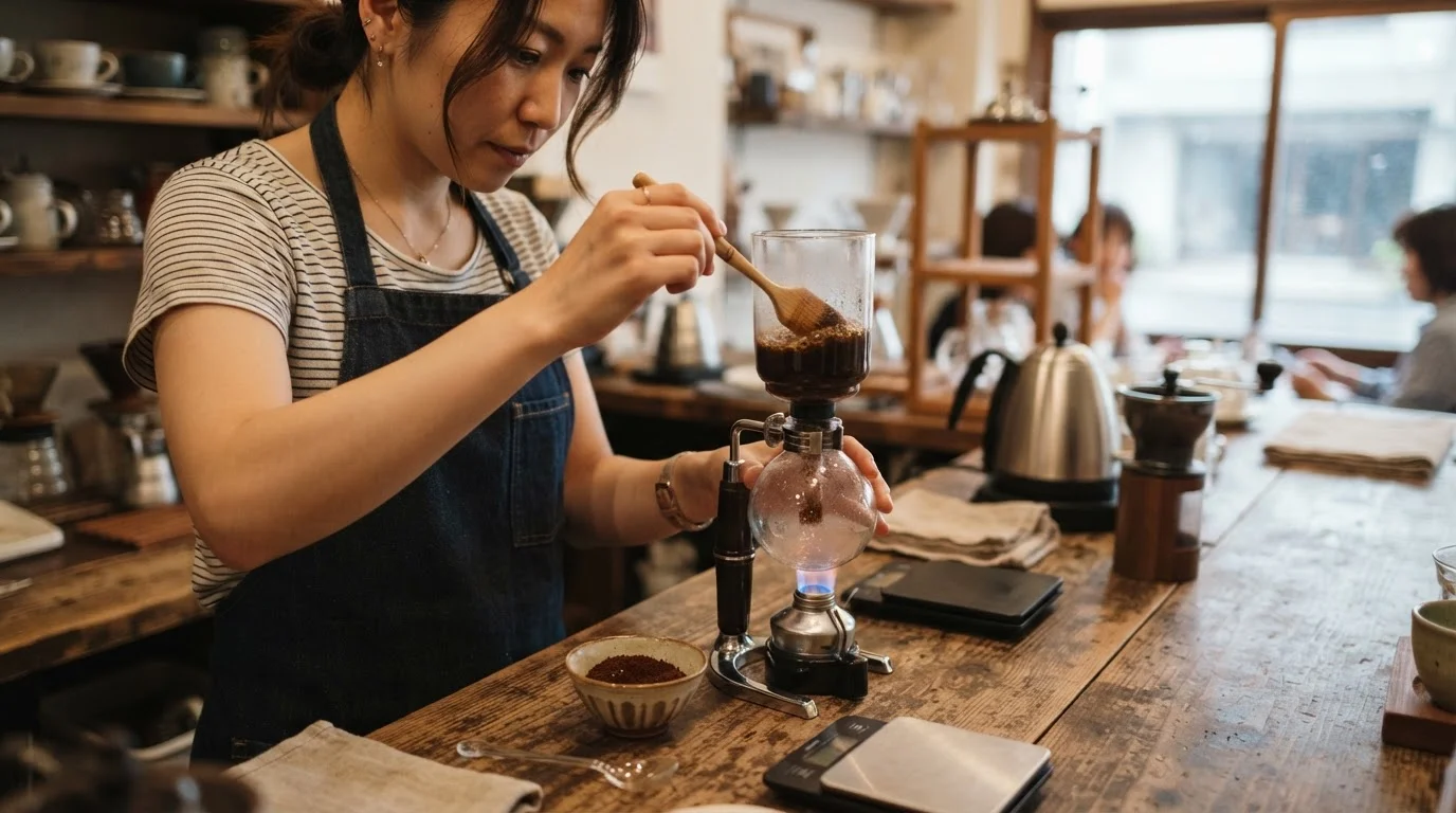 透明な器具でコーヒーを抽出する光サイフォンと立ち上る湯気